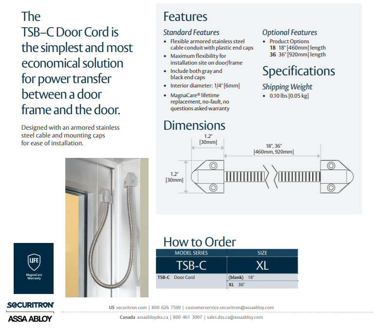 Securitron TSB-C Door Cord Catalog Page
