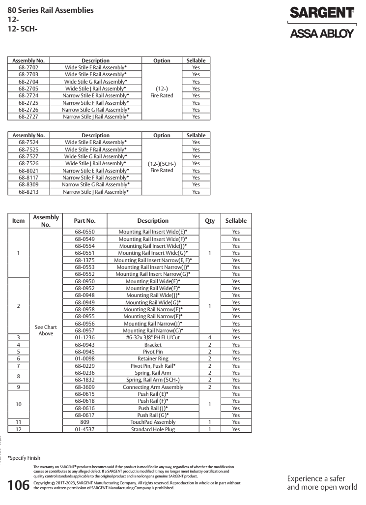 Sargent 80 Series Rail Assembly Parts List