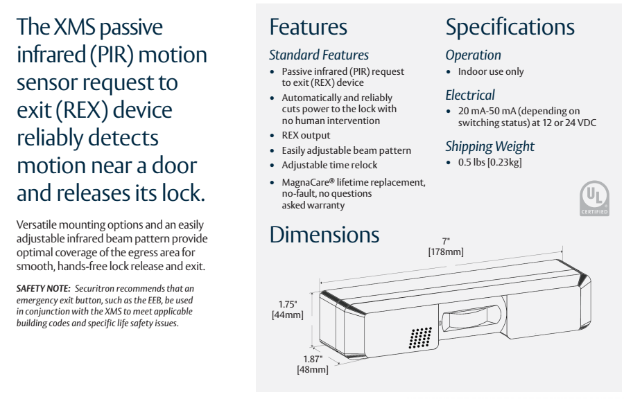 Securitron XMS Exit Motion Sensor Data Sheet