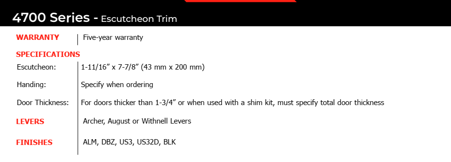 Hager 4700 Series Exit Device Trim Specifications