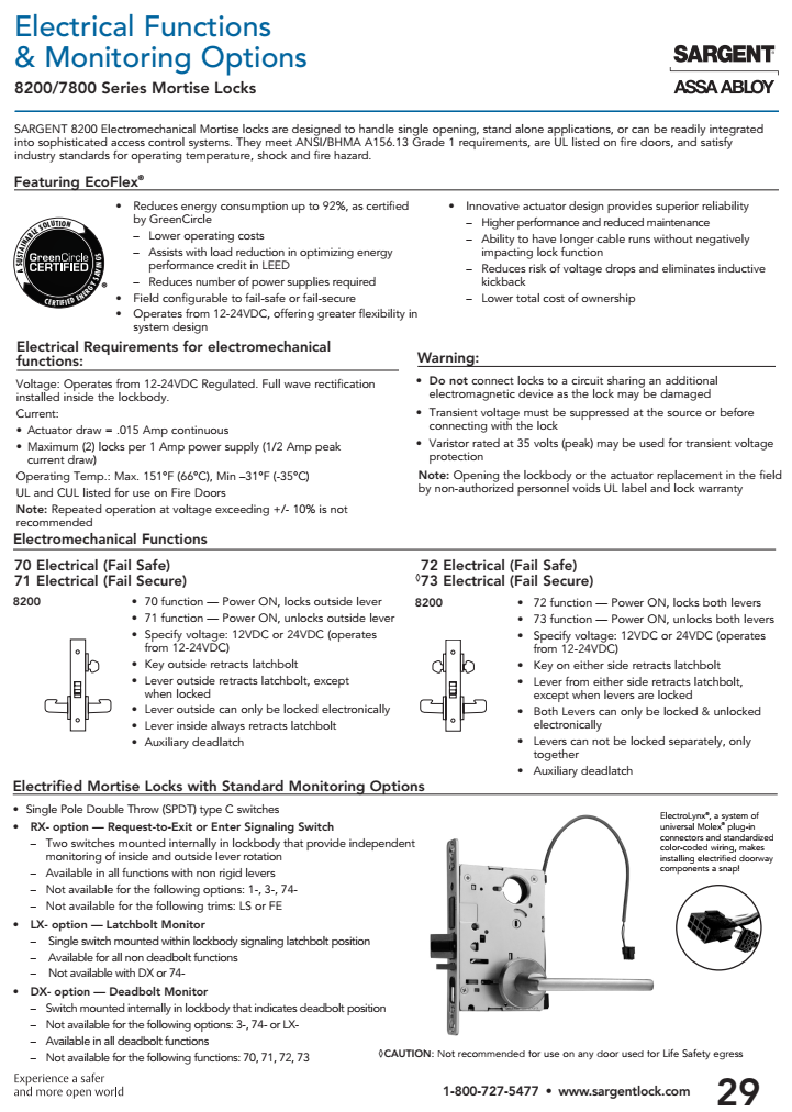 Sargent 8273 LNL US26D Electric Mortise Lockset Catalog Page
